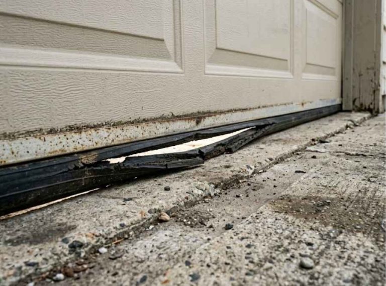 damaged bottom rubber seal on a garage door with a gap above a concrete driveway.