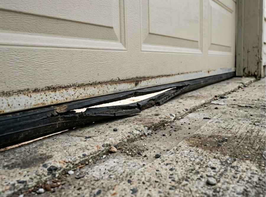 damaged bottom rubber seal on a garage door with a gap above a concrete driveway.