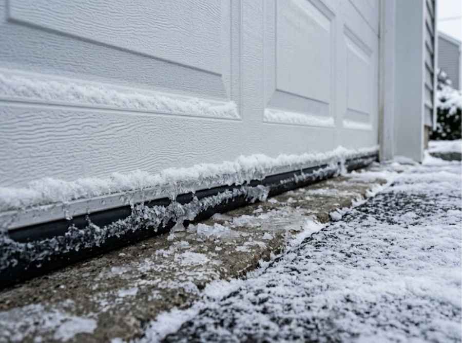 frozen rubber weatherstripping on a white garage door meeting a snow-dusted driveway