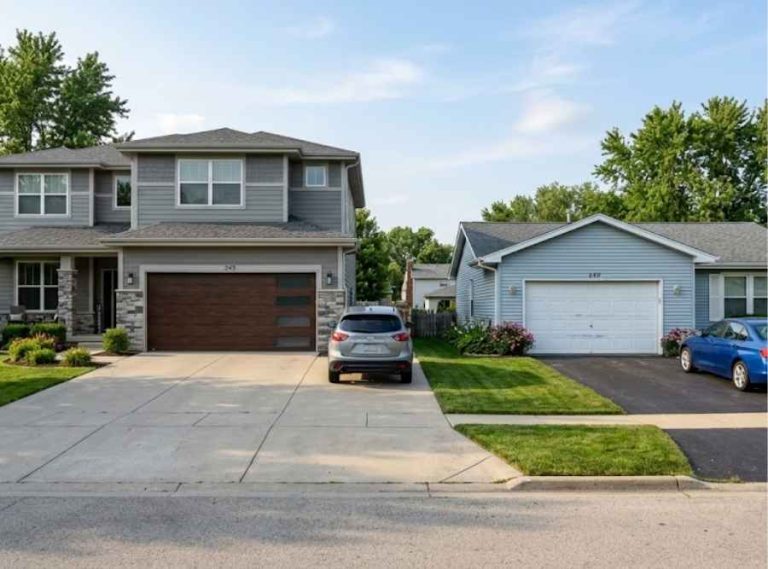Suburban neighborhood showing two homes side by side; the left house features a modern insulated garage door, while the right house has a standard non-insulated garage door.