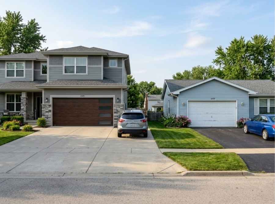 Suburban neighborhood showing two homes side by side; the left house features a modern insulated garage door, while the right house has a standard non-insulated garage door.