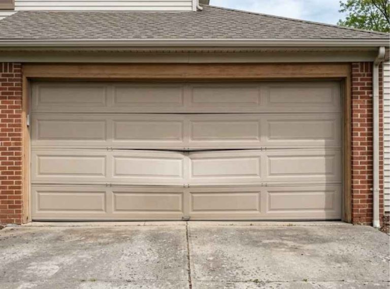 A subtle sag across the middle panel of a residential garage door.