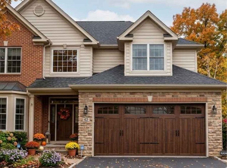A modern wood-grain garage door on a suburban New Jersey home surrounded by autumn foliage.